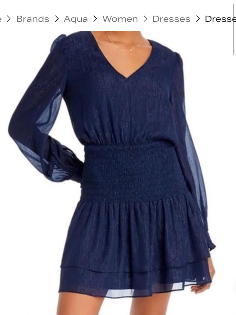Aqua Sheer Long Sleeve Navy Smocked Waist Tiered Mini Dress